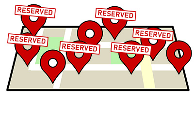 A map of Seaside Park rental homes with red location dots. Many of the dots have RESERVED banners over them.